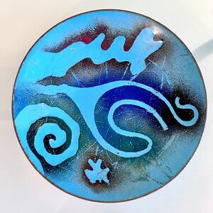 Vintage Enamel on Copper Abstract Trinket Dish Plate MCM Blue Signed 7 inch